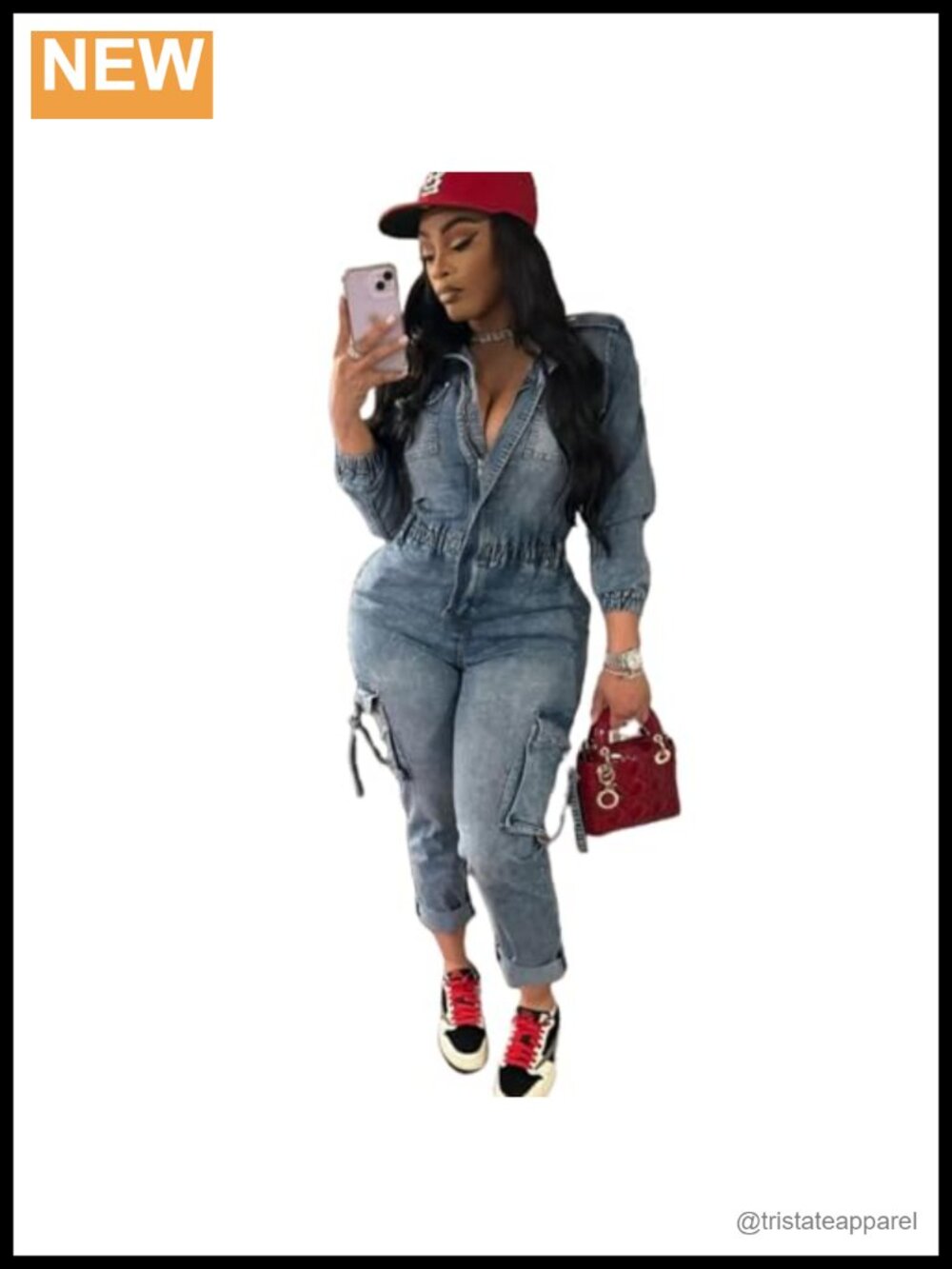 Denim Jumpsuit Long Sleeve Zip Up High Waist Distressed Jean Romper